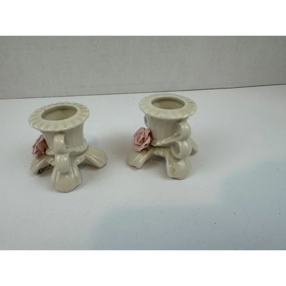 Vintage Ceramic Pink Rose Candle Holder Set Cottagecore Porcelain Taper Pair